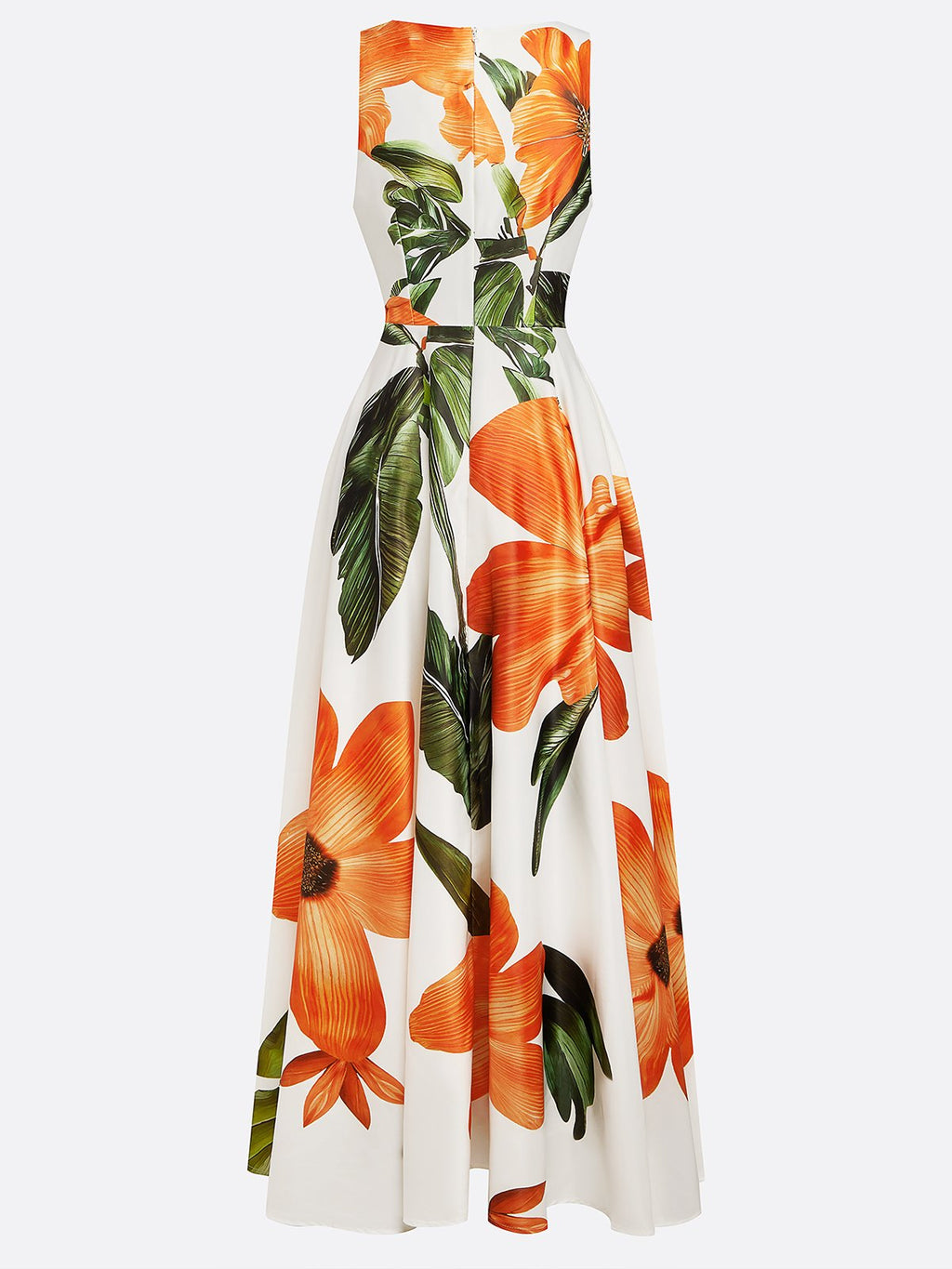 Orange Floral Satin V Neck Sleeveless A-Line Maxi Dress With Pockets