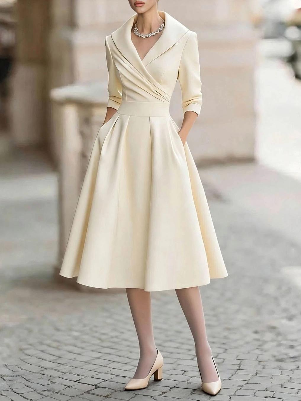 Elegant V-neck Long-sleeved Midi Dress