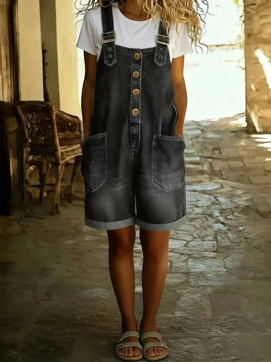 Women's Y2K Denim Shortalls Button Front Wide Leg Loose Bib Jean Overalls Shorts Romper Jumpsuits Vintage