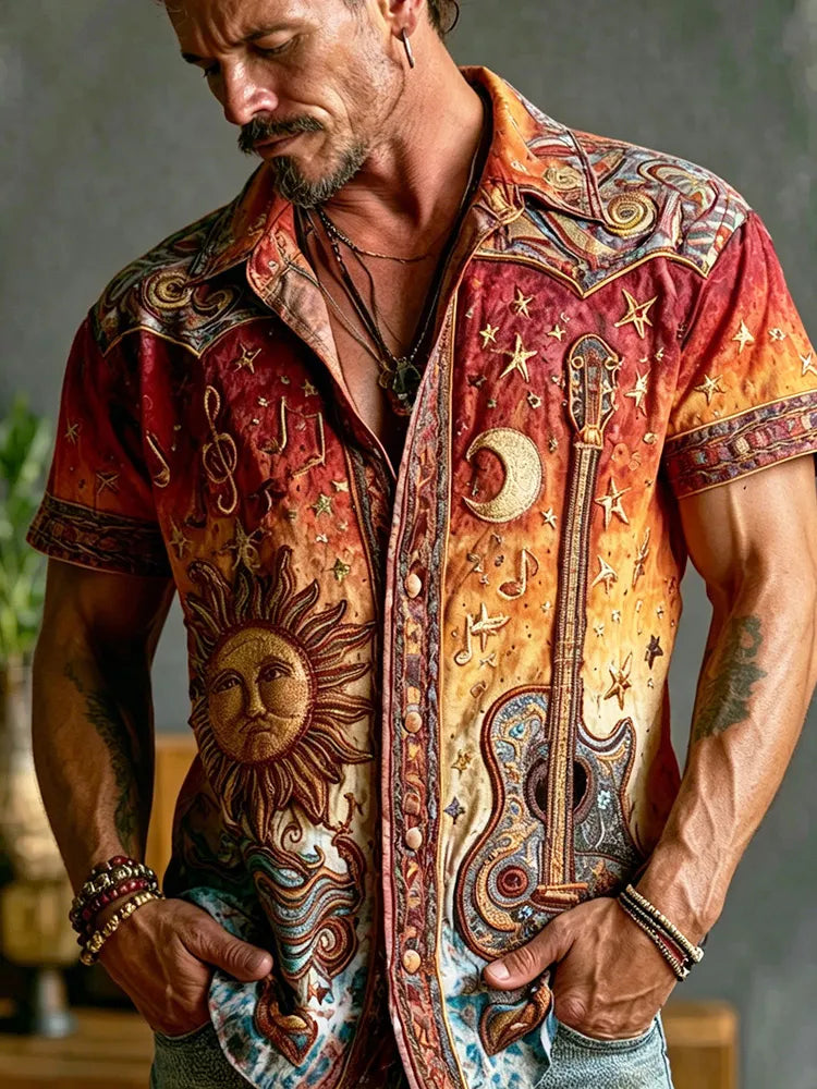 Vintage Sun Moon Guitar Graphic Short Sleeve Button Down Shirt For Men, Boho Western Music Festival Casual Linen Shirt