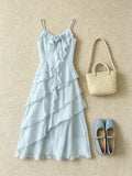 Light Blue Ruffle Slip Midi Dress