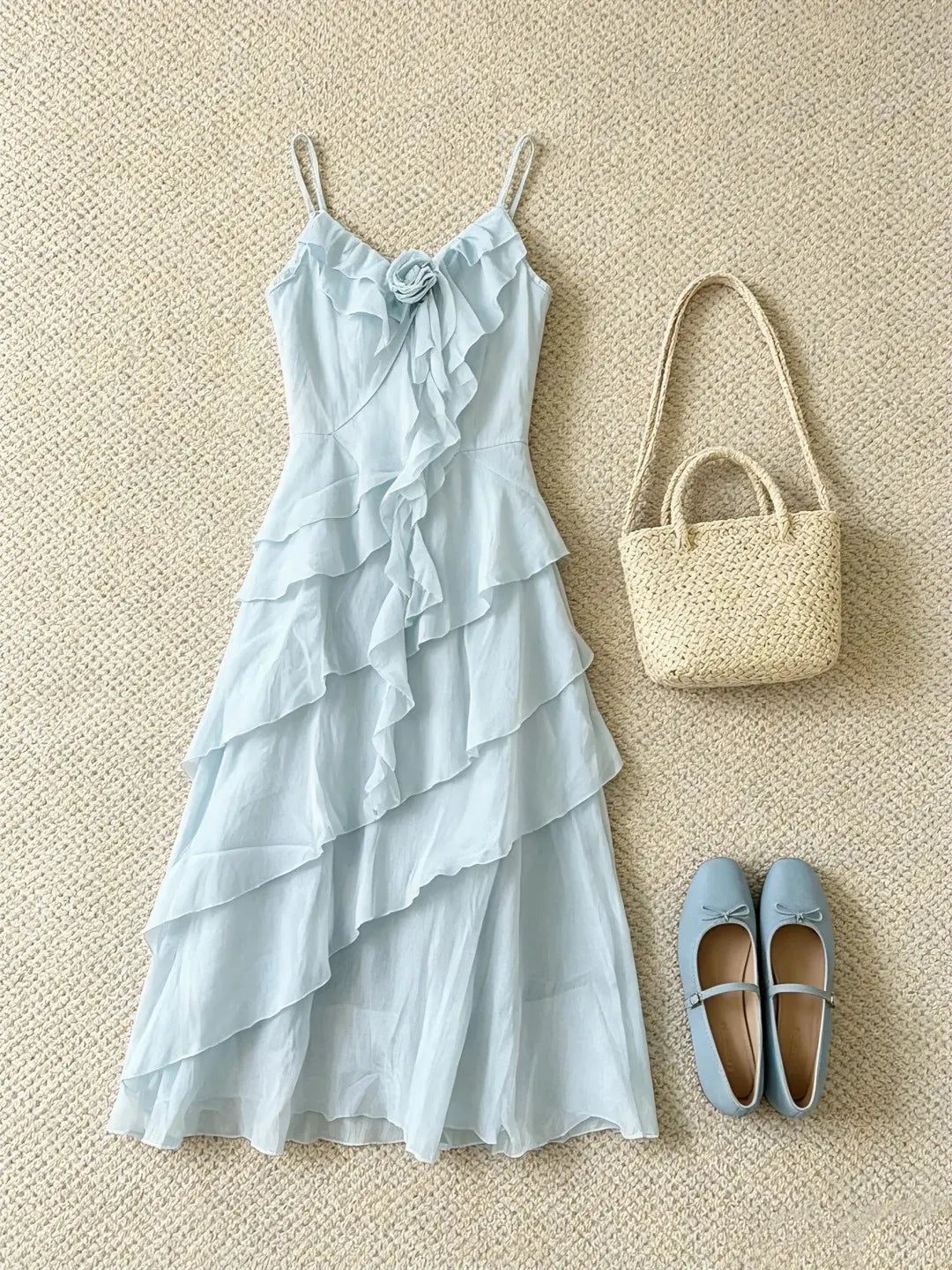 Light Blue Ruffle Slip Midi Dress