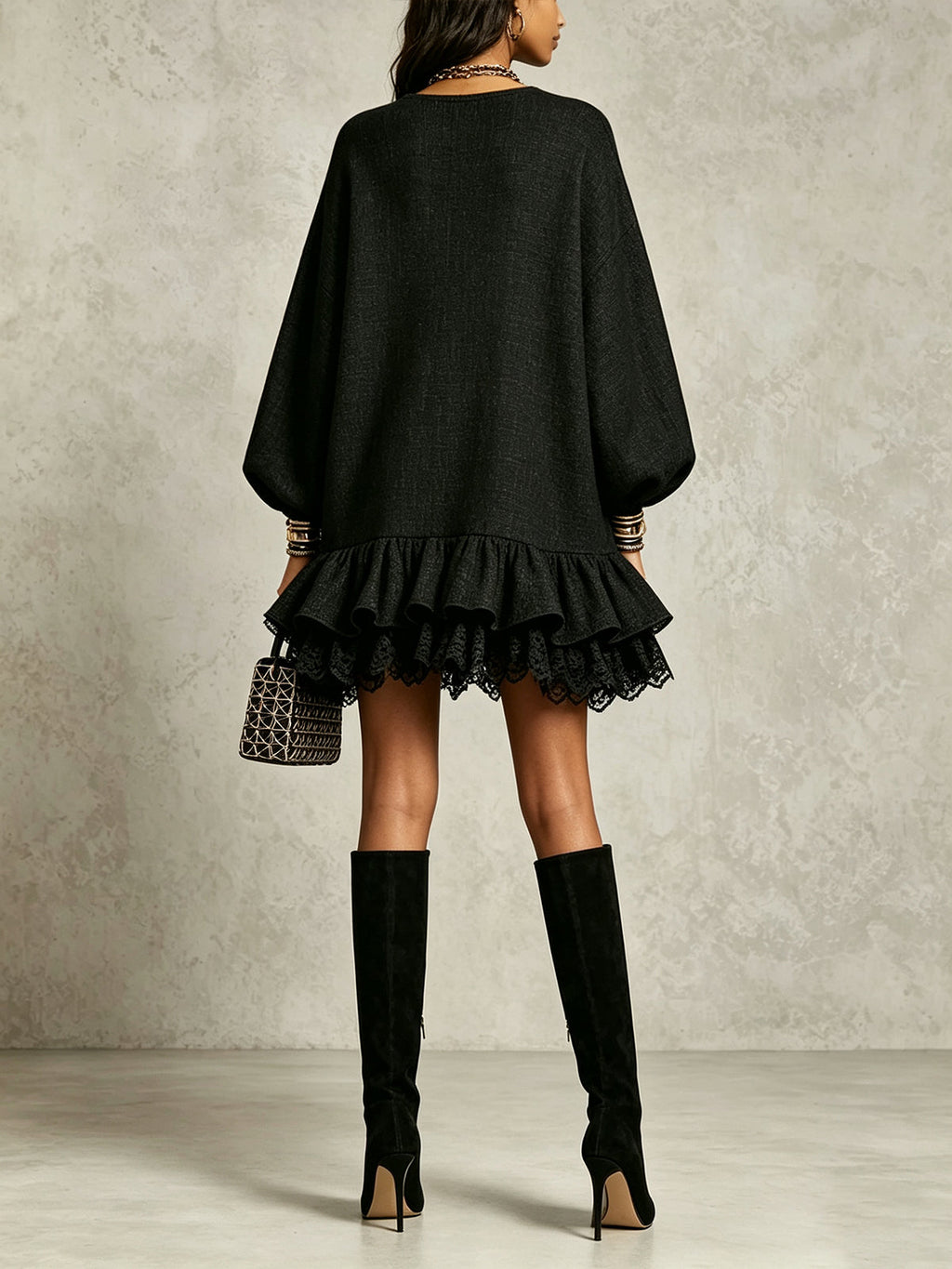 Black Leopard Heart Lace Trim Mini Dress