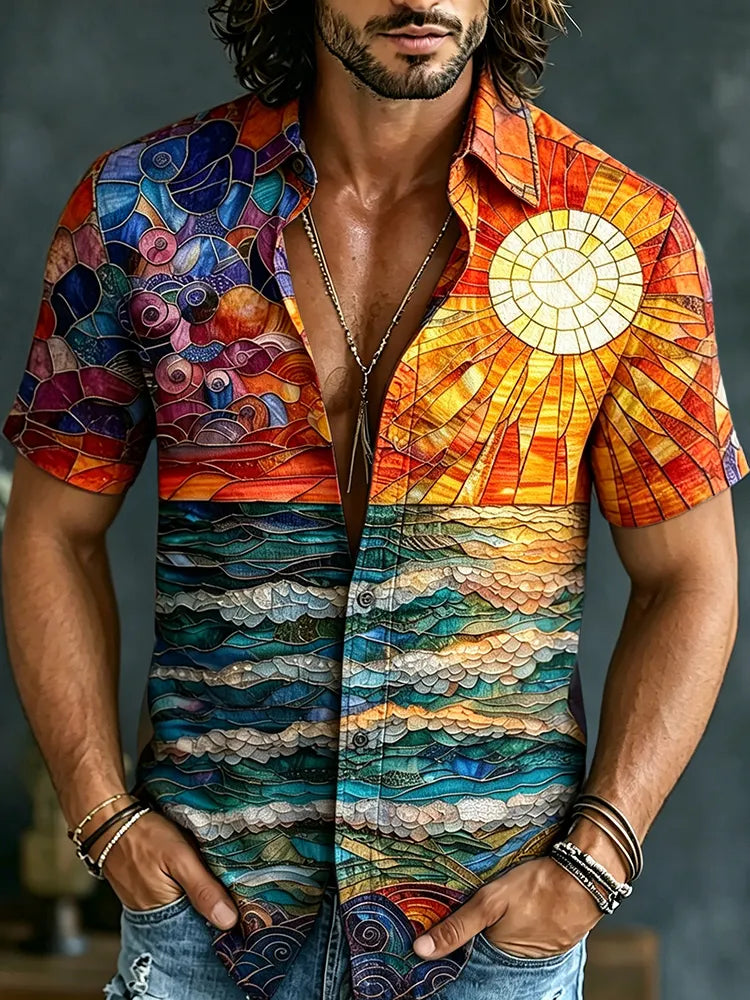 Men's Retro Hippie Gradient Pattern Art Short-sleeve Cotton Linen Shirt