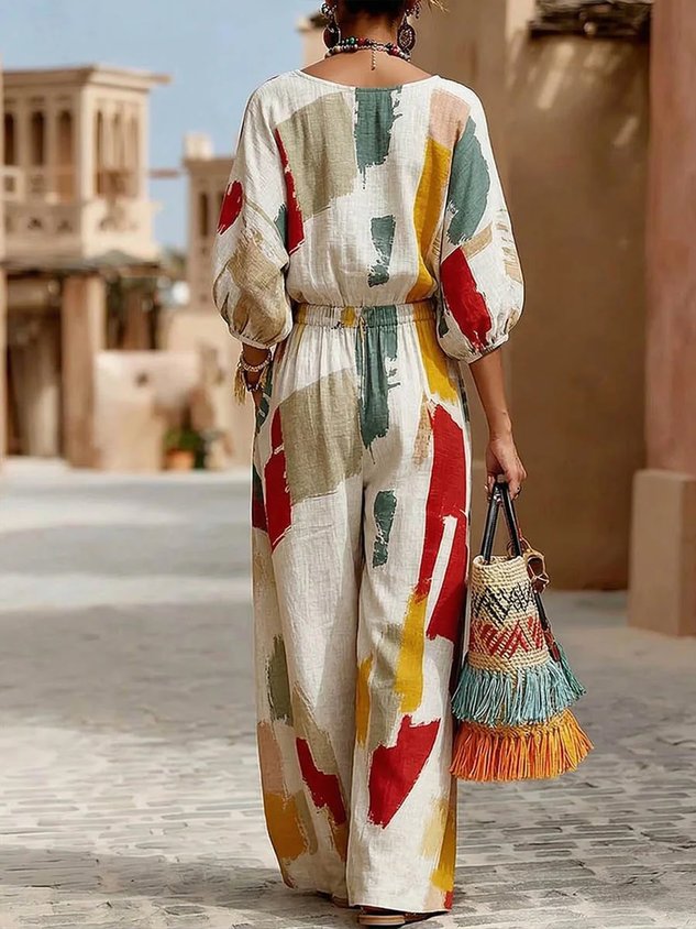 Casual Abstract Printing V Neck Blouse