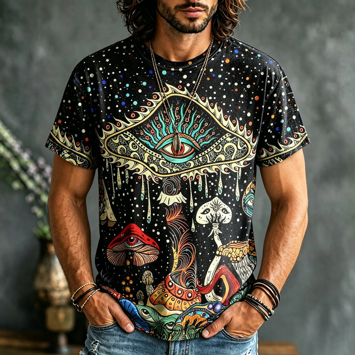 Men's Hippie Psychedelic Mushrooms And The Eye Of The Universe Print T-shirt