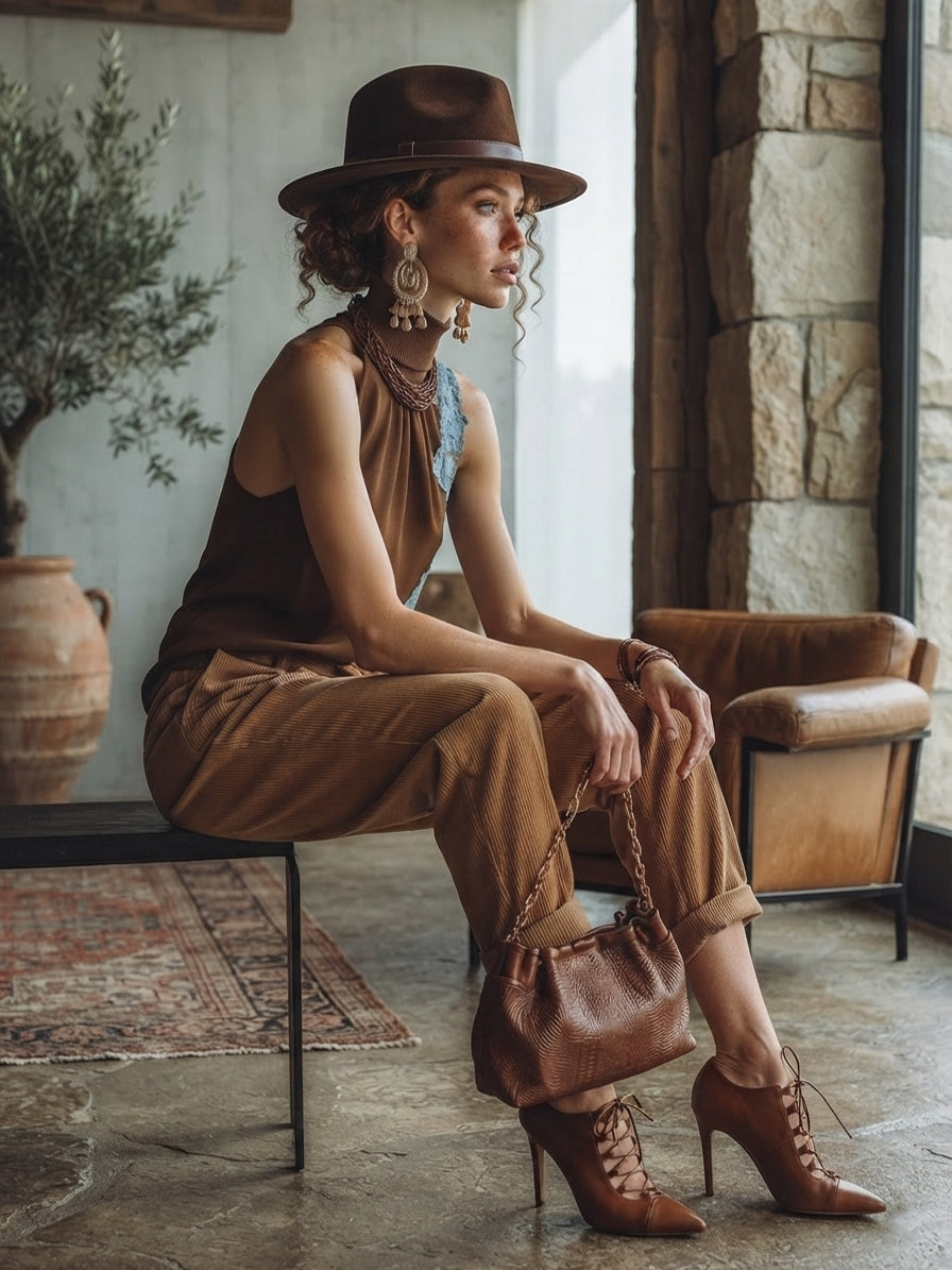 Brown Satin Lace Patchwork Sleeveless Top