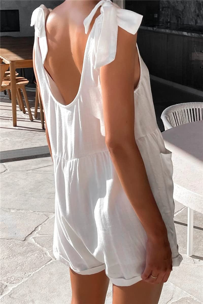 Women's Wide leg Romper Shorts Sexy Tie Knot Strap Sleeveless Boho Jumpsuit Overall Pants
