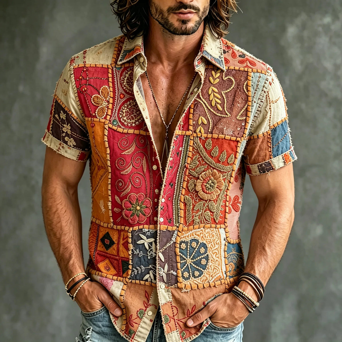 Men's Retro Bohemian Hippie Style Floral Patchwork Embroidered Print Short-sleeve Shirt