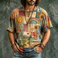 Men's Hippie Music With Scenery Patchwork Pattern Print T-shirt
