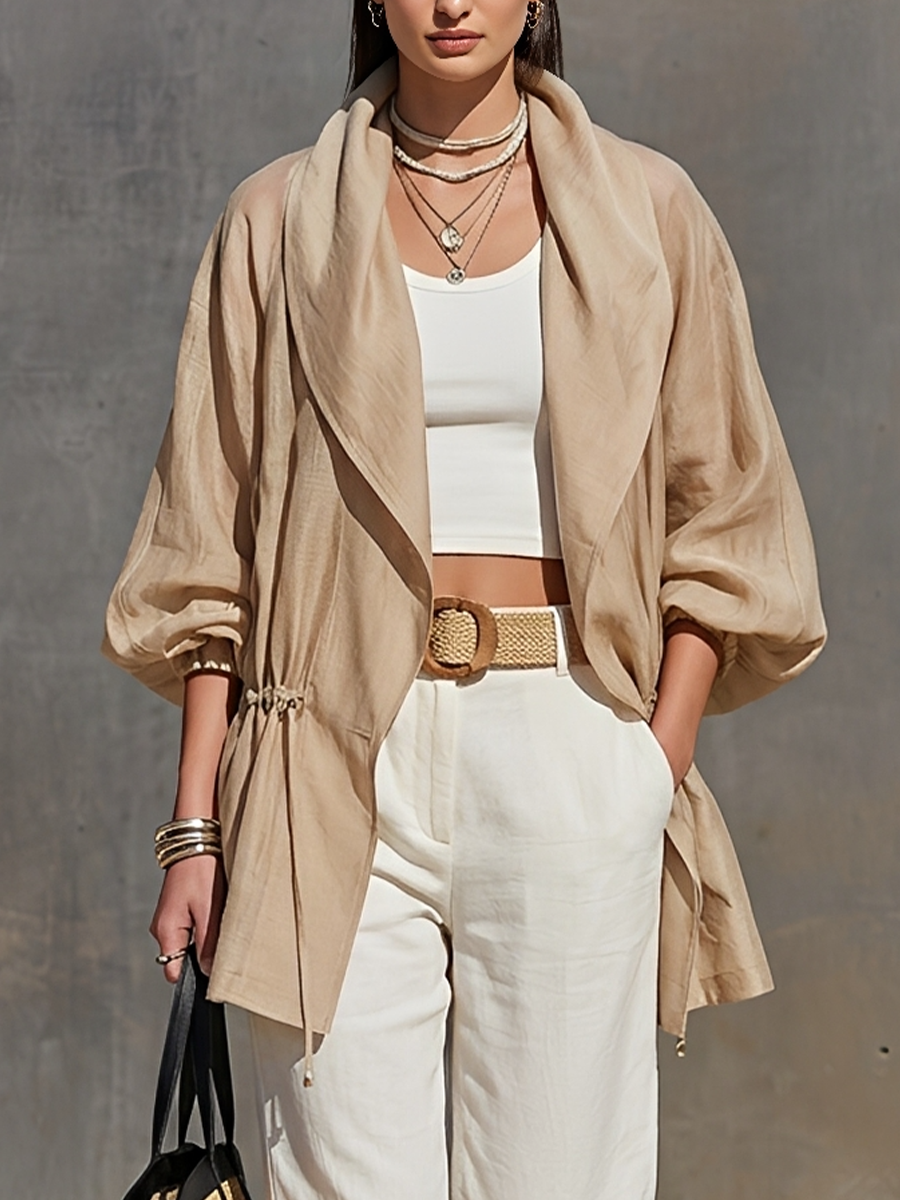 Women's Khaki Linen Blend Sheer Jacket With Lapel Collar Balloon Three Quarter Sleeves & Waist Drawstring, Minimalist Resort Lightweight Oversized Outerwear MDZ2240G0LYL
