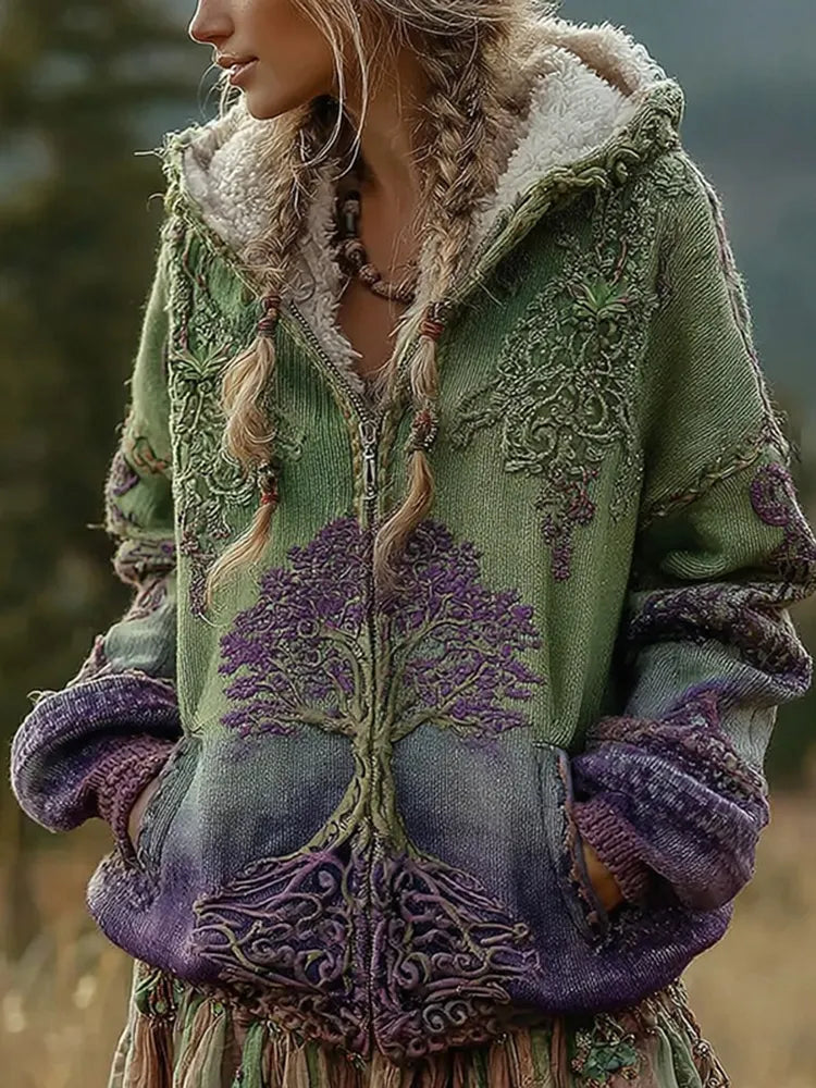 Women's Vintage Viking Tree Of Life And Floral Pattern Knit Zip-up Sweater