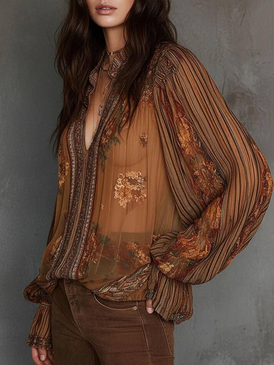 Vintage Boho Sheer Floral Blouse With Billowy Sleeves