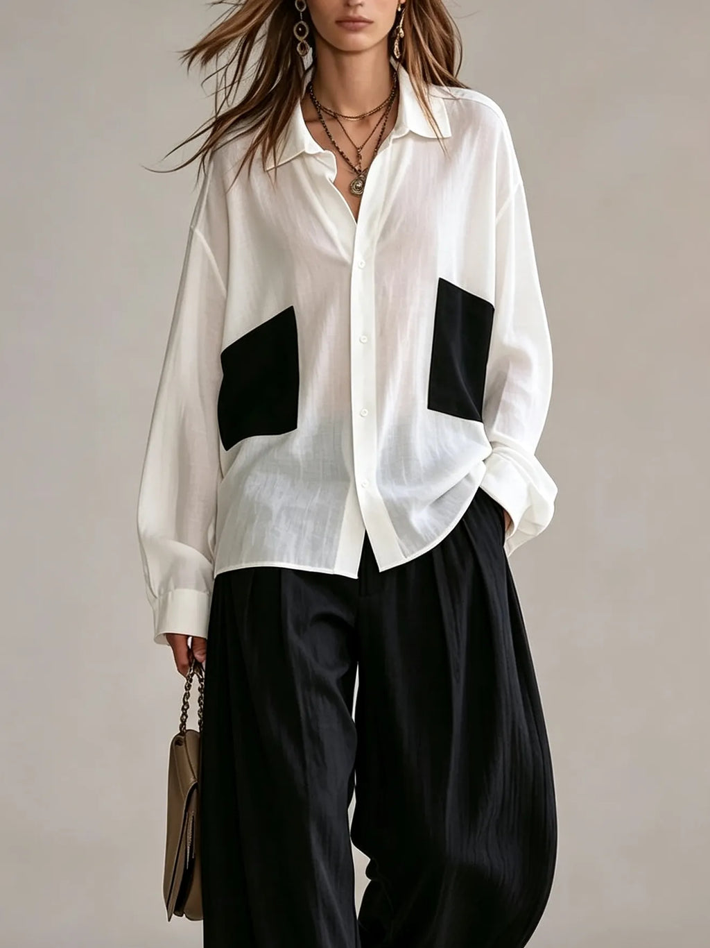 Black White Contrast Oversized Patch Pocket Shirt & High Waist Wide Leg Trousers With Stripe Hem Two‑Piece Outfit