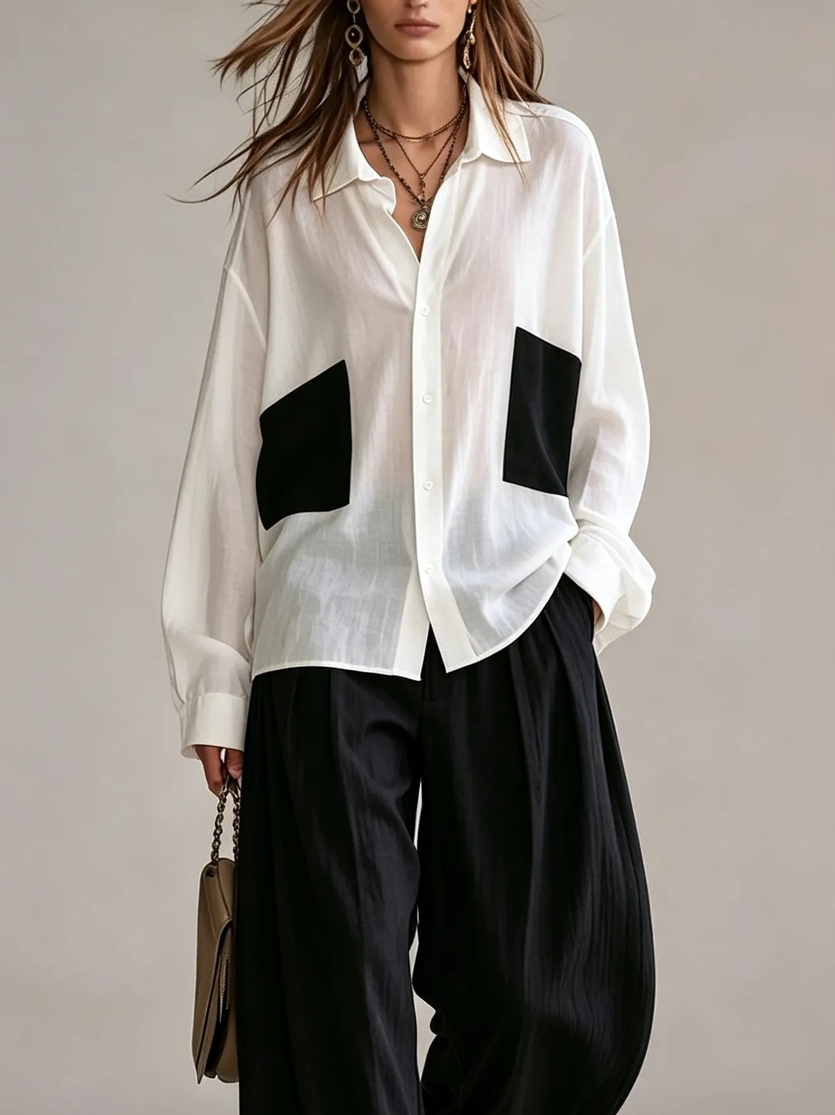 Black White Contrast Oversized Patch Pocket Shirt & High Waist Wide Leg Trousers With Stripe Hem Two‑Piece Outfit