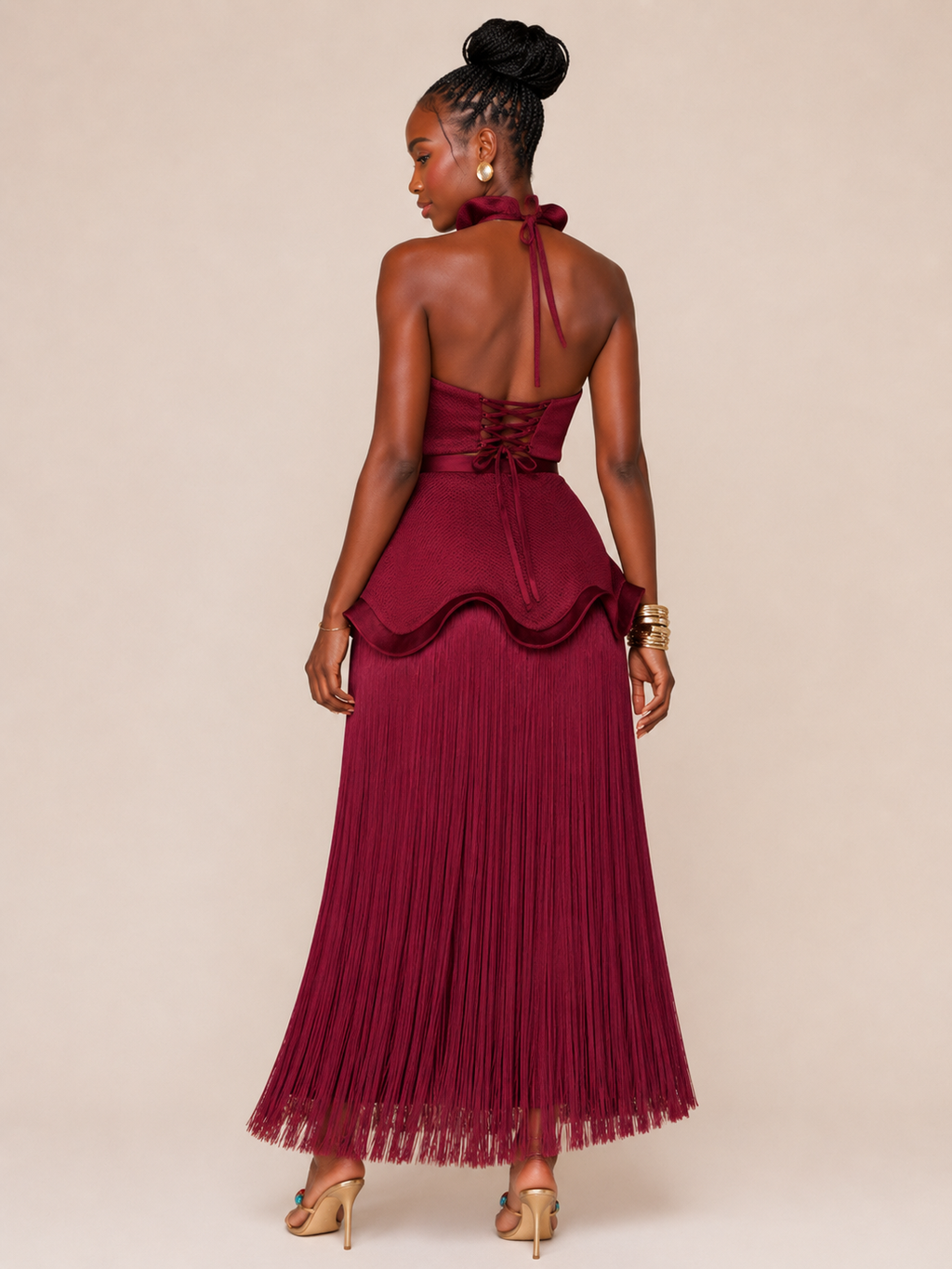Burgundy Ruffle Halter Crop Top & Fringe Maxi Skirt Two-Piece Set
