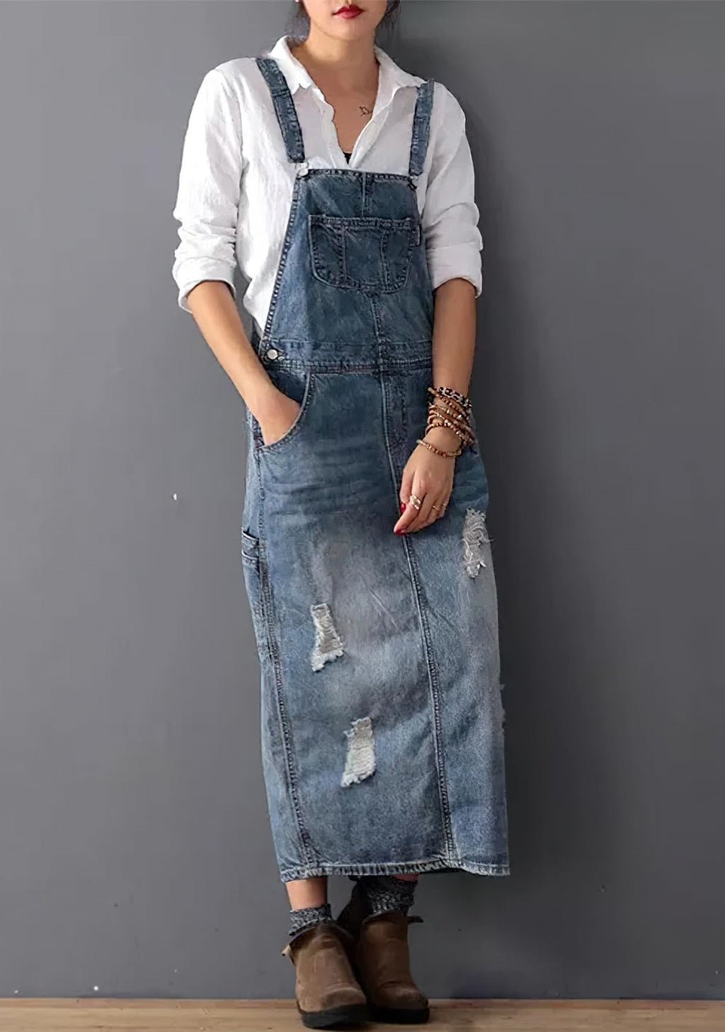 Women's Adjustable Strap Distressed Denim Overall Dress A-Line Pinafore Jean Dress with Split