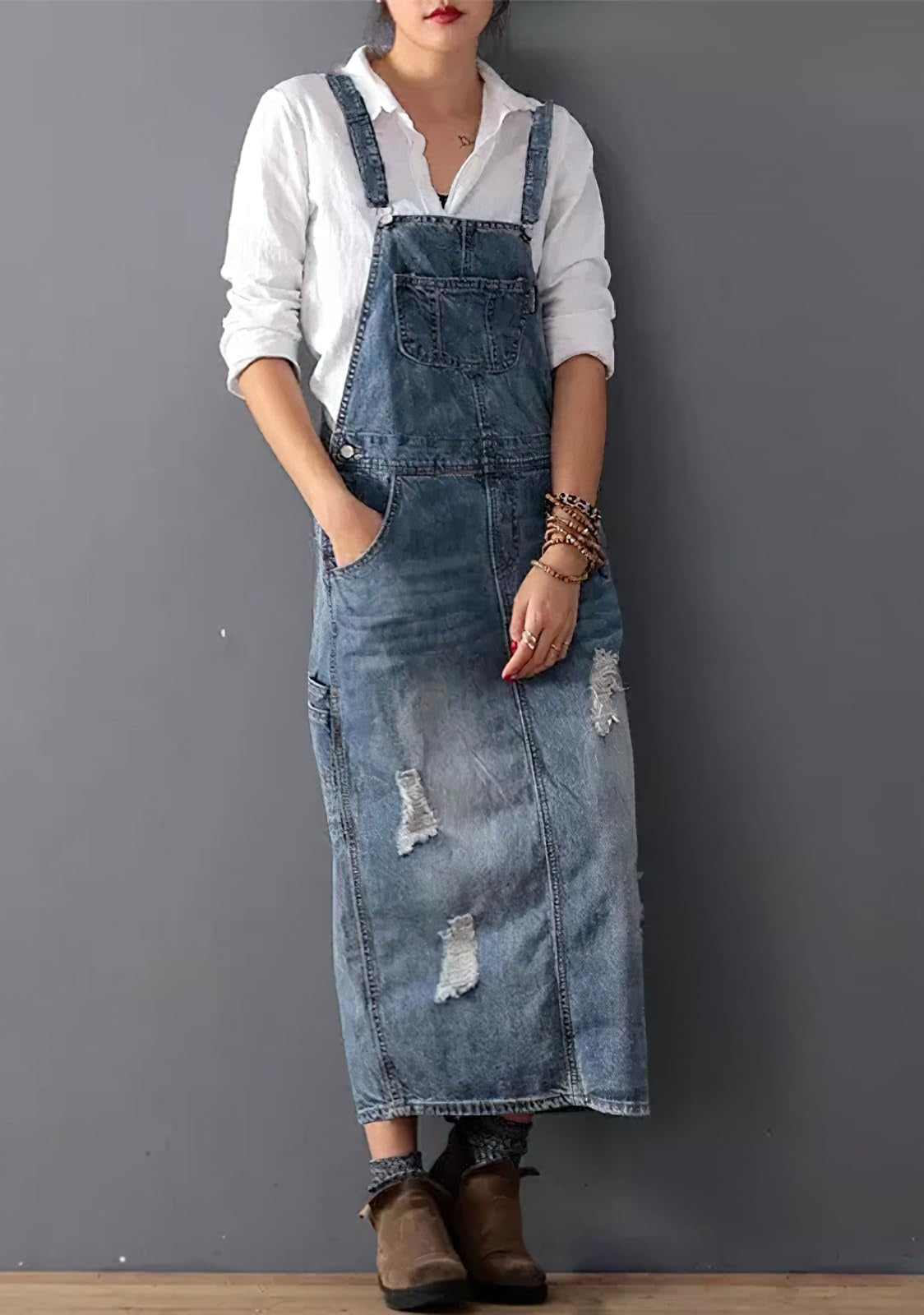 Women's Adjustable Strap Distressed Denim Overall Dress A-Line Pinafore Jean Dress with Split