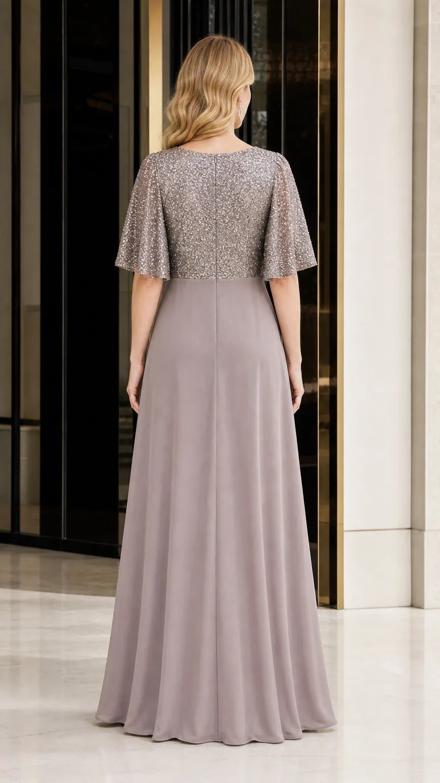 Elegant Sequin V-Neck Flare Sleeve Formal Evening Gown