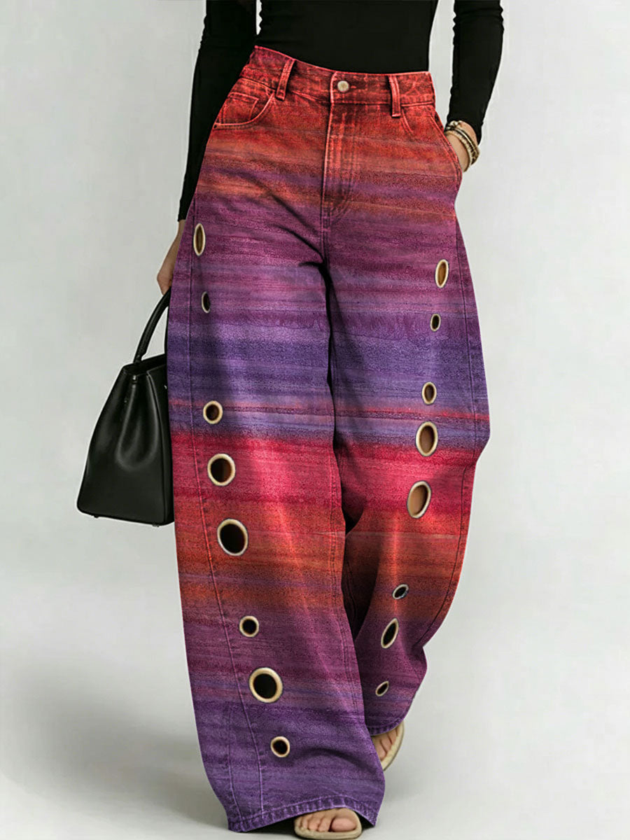 Women's Retro Gradient Pattern Printed Stylish Cutout Casual Denim Jeans