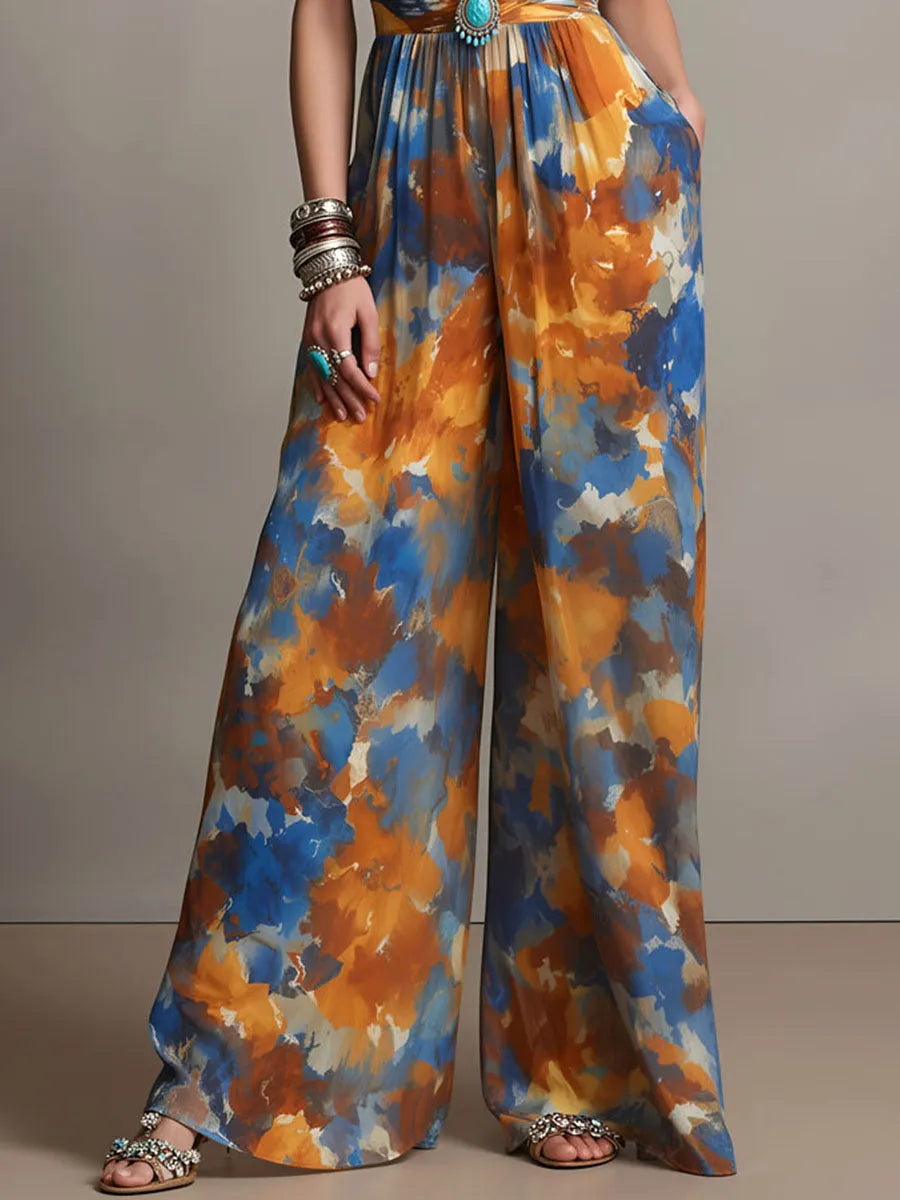 Boho Abstract Watercolor Print Wide-Leg Jumpsuit