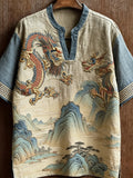 Vintage Dragon & Landscape Painting Art Linen Tunic