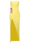 Strapless Floral Detail Maxi Dress Yellow