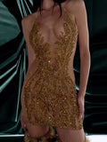 Shiny Sequinned flower Sleeveless Halterneck Wrap mini dresses
