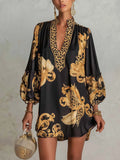 Black Vintage Baroque Print V-Neck Mini Dress With Leopard Trim