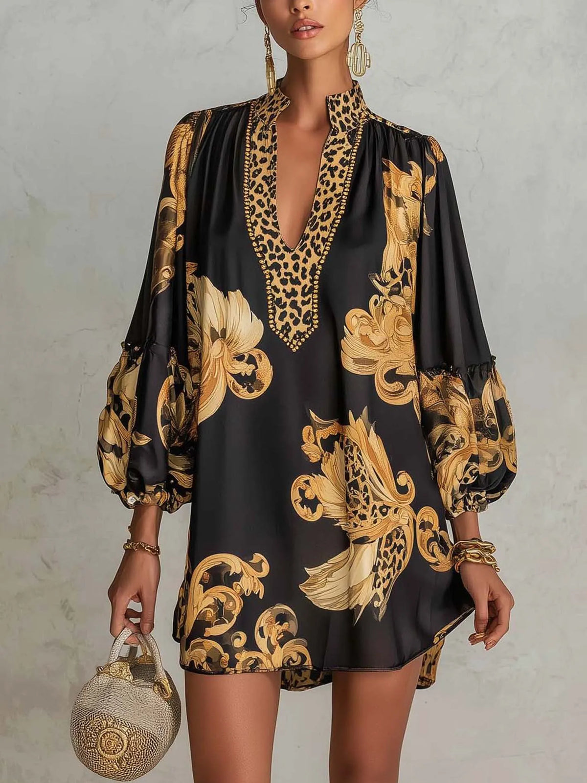 Black Vintage Baroque Print V-Neck Mini Dress With Leopard Trim