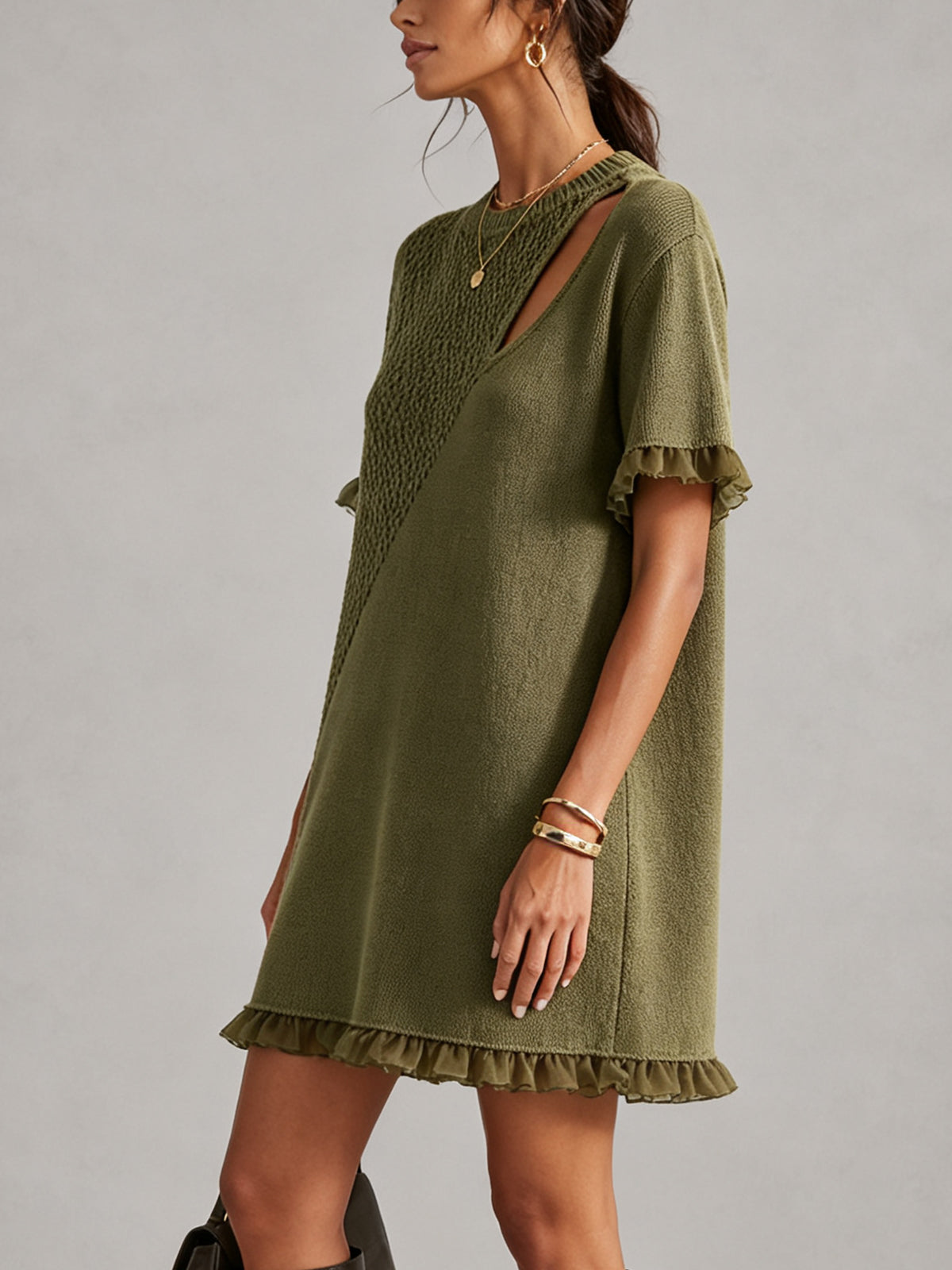 Olive Cutout Ruffle Trim Knit Mini Dress