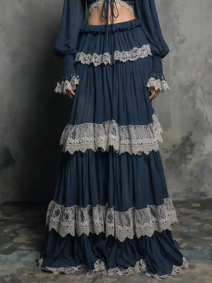 Women's Bohemian-Style Vintage Romantic Deep Navy Blue Lace-Trimmed Tiered Maxi Skirt And Cropped Top Set MDZ2220D5ZJW