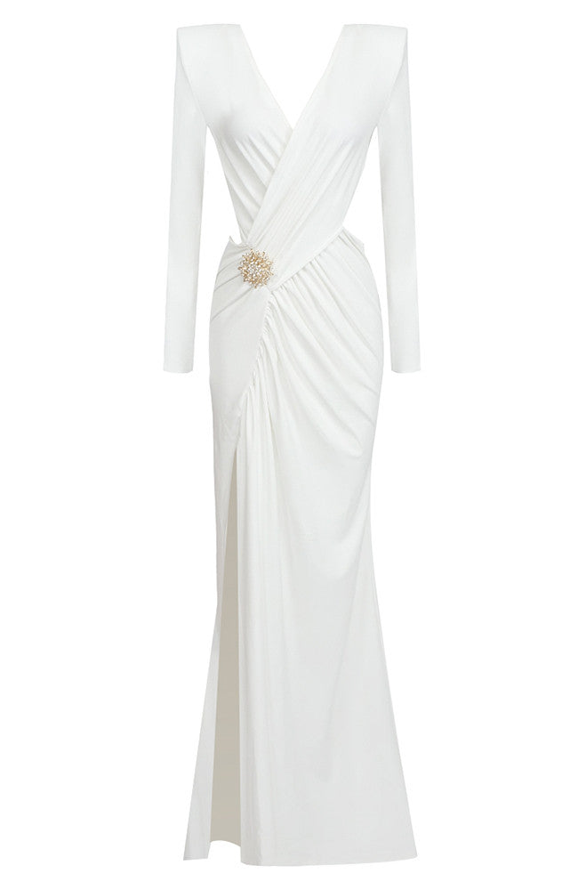 Long Sleeve Draped Maxi Dress White