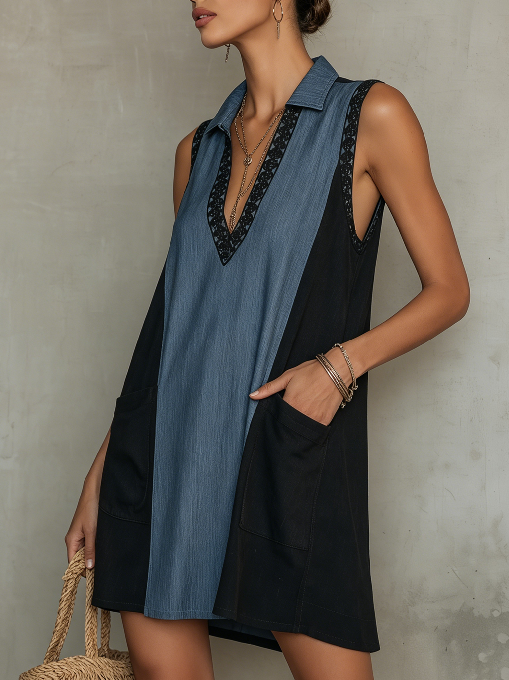Colorblock Denim Lace Trim Collared Sleeveless Mini Dress