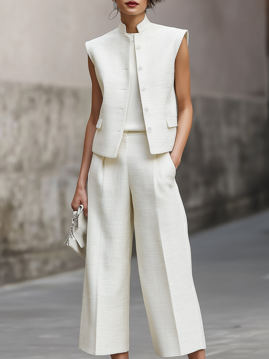Minimalist Structured Sleeveless Mandarin Collar Vest And Wide-Leg Cropped Pants Set