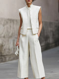 Minimalist Structured Sleeveless Mandarin Collar Vest And Wide-Leg Cropped Pants Set