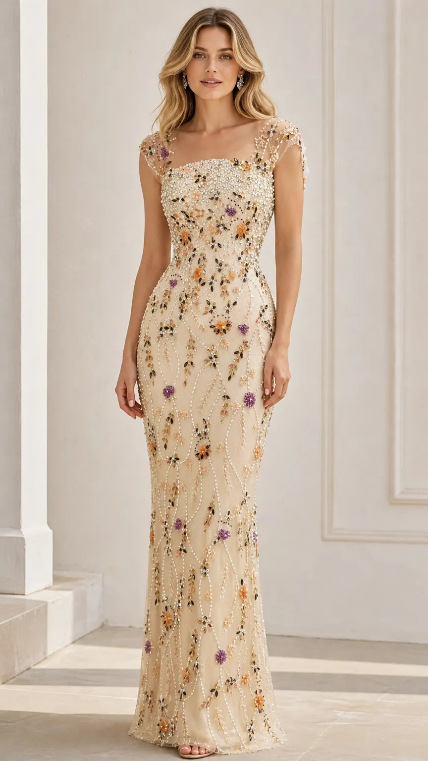 Floral Beaded Cap Sleeve Column Evening Gown with Square Neckline