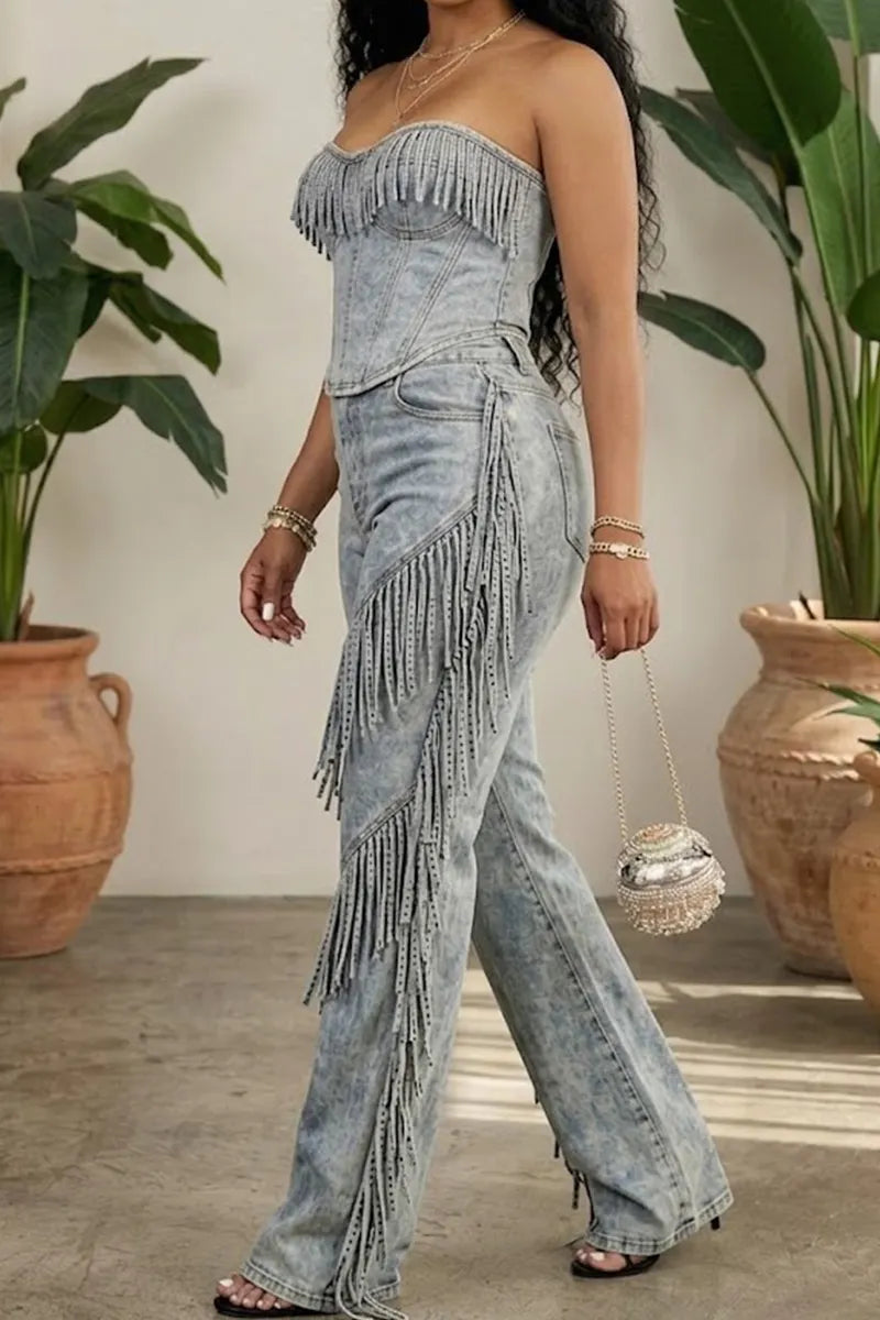 Women's Casual Strapless Fringed Denim Top Or Fringed Wide Leg Jeans