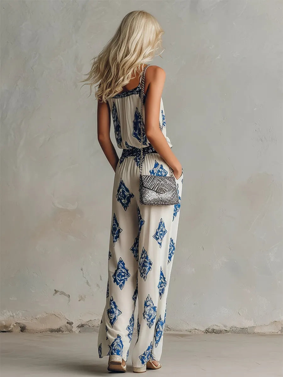Retro Bohemian Print White Camisole And Wide-Leg Pants Chiffon Set