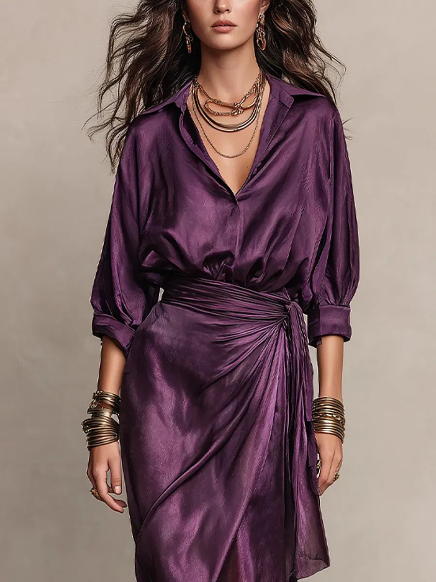 Deep Plum Satin Wrap Maxi Dress with Draped Waist
