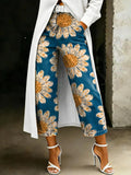 Women's Fashion Vintage Floral Artistic Print Casual Loose-fit Wide-leg Jeans