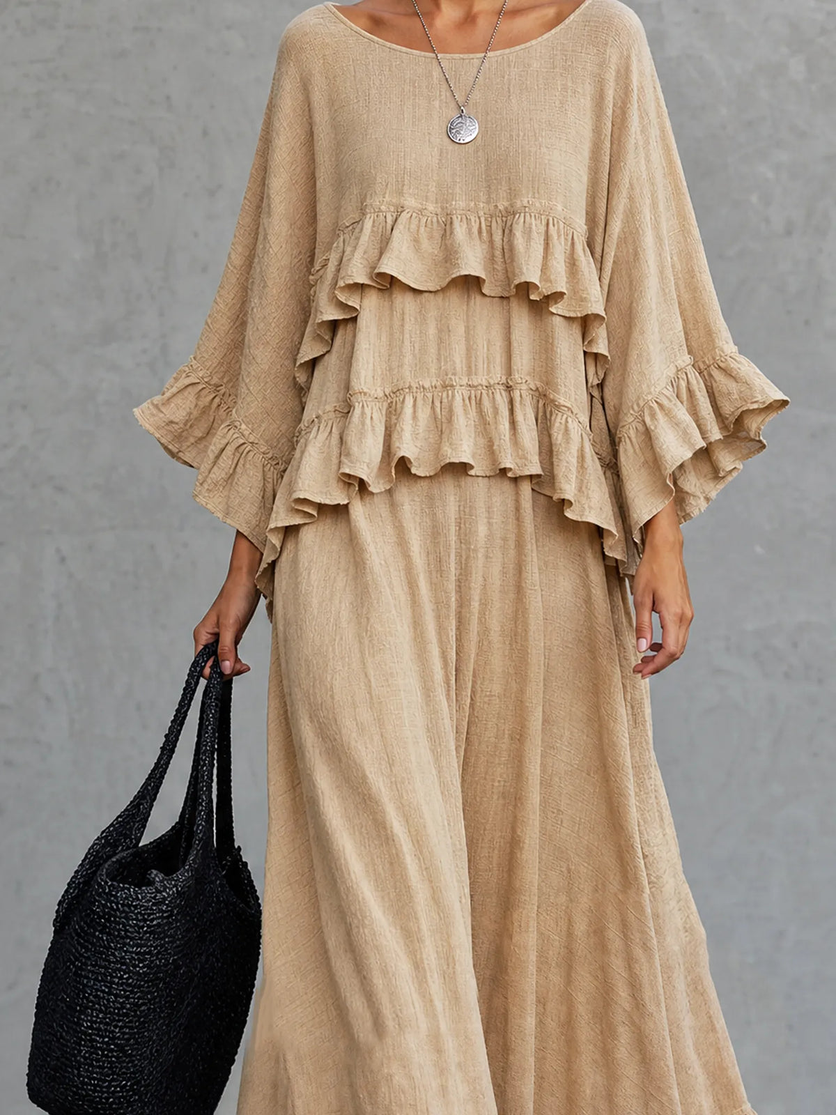 Women's Casual Khaki Long-sleeve Maxi Dress With A Textured Woven Finish And Round Neck MDZ2343G8LXY