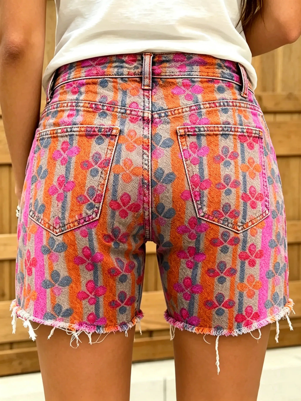 Women's Retro Geometric Floral Stripe Print Denim Bermuda Shorts