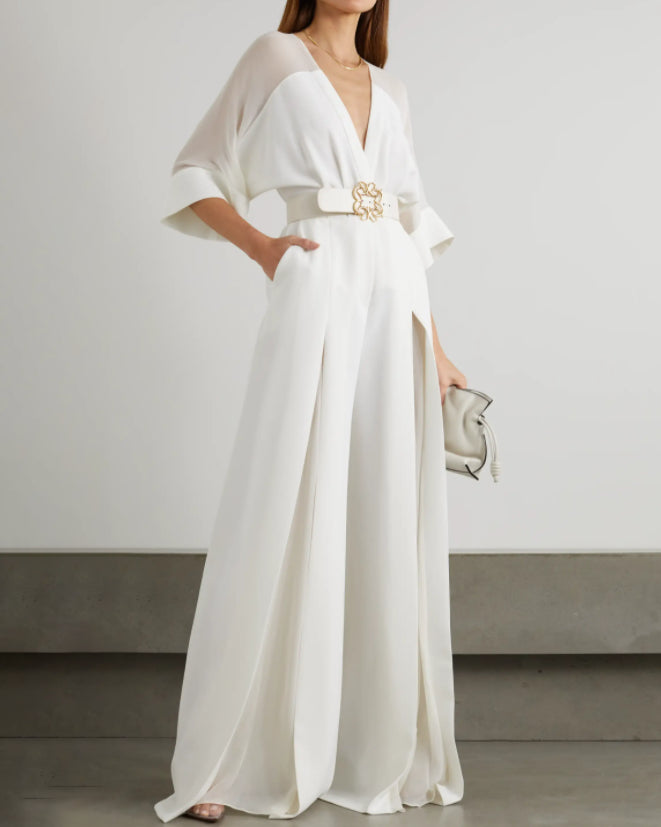 Doll Sleeve Solid Slit Jumpsuit