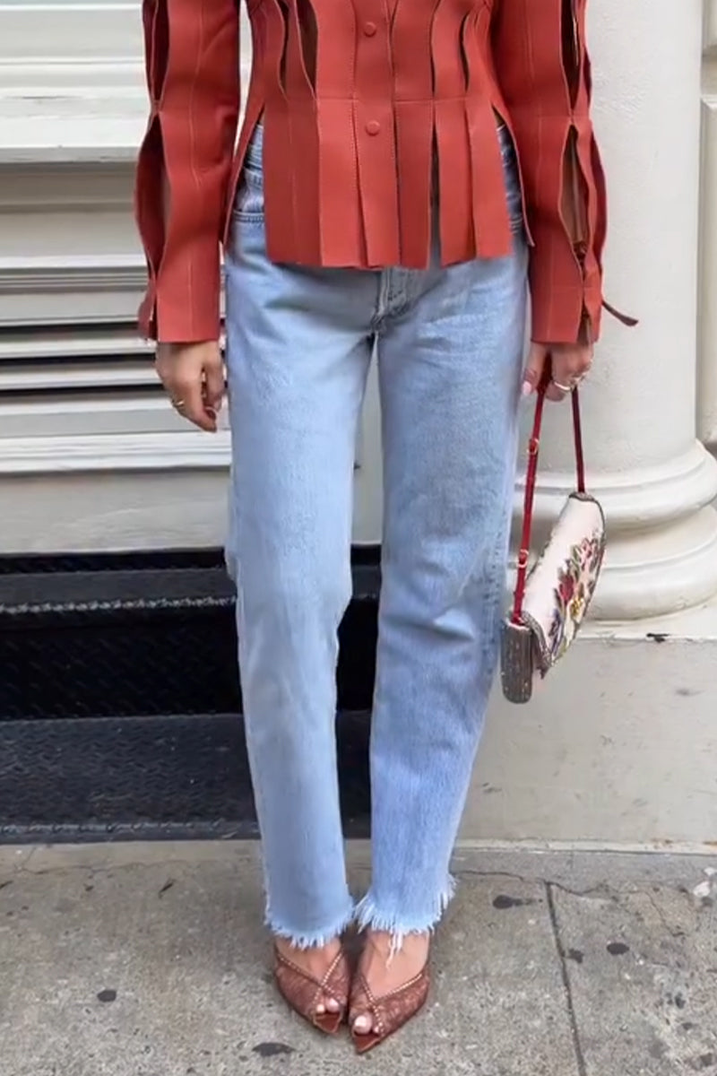 Women Cut Leather Short Jacket or Light Blue Fringed Straight Leg Jeans