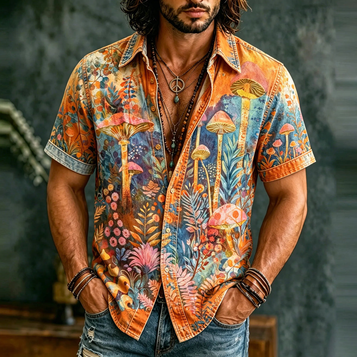 Men's Retro Hippie Psychedelic Mushroom Forest Pattern Casual Washed Shirt