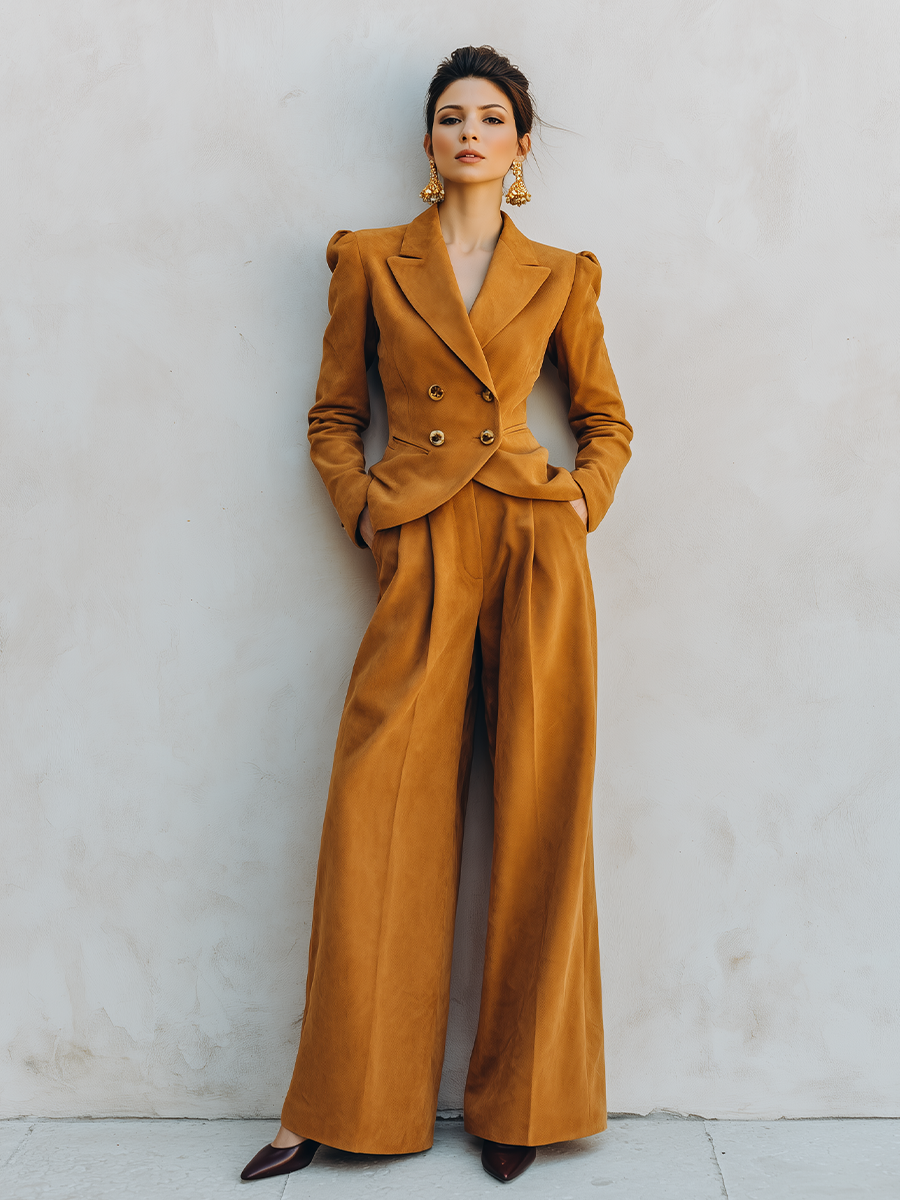 Women's Mustard Faux Suede Texture Two Piece Suit Set With Double Breasted Puff Shoulder Blazer & High Waist Pleated Wide Leg Trousers, Vintage Elegant Formal Co-Ord Outfit MDZ2446G2LYL