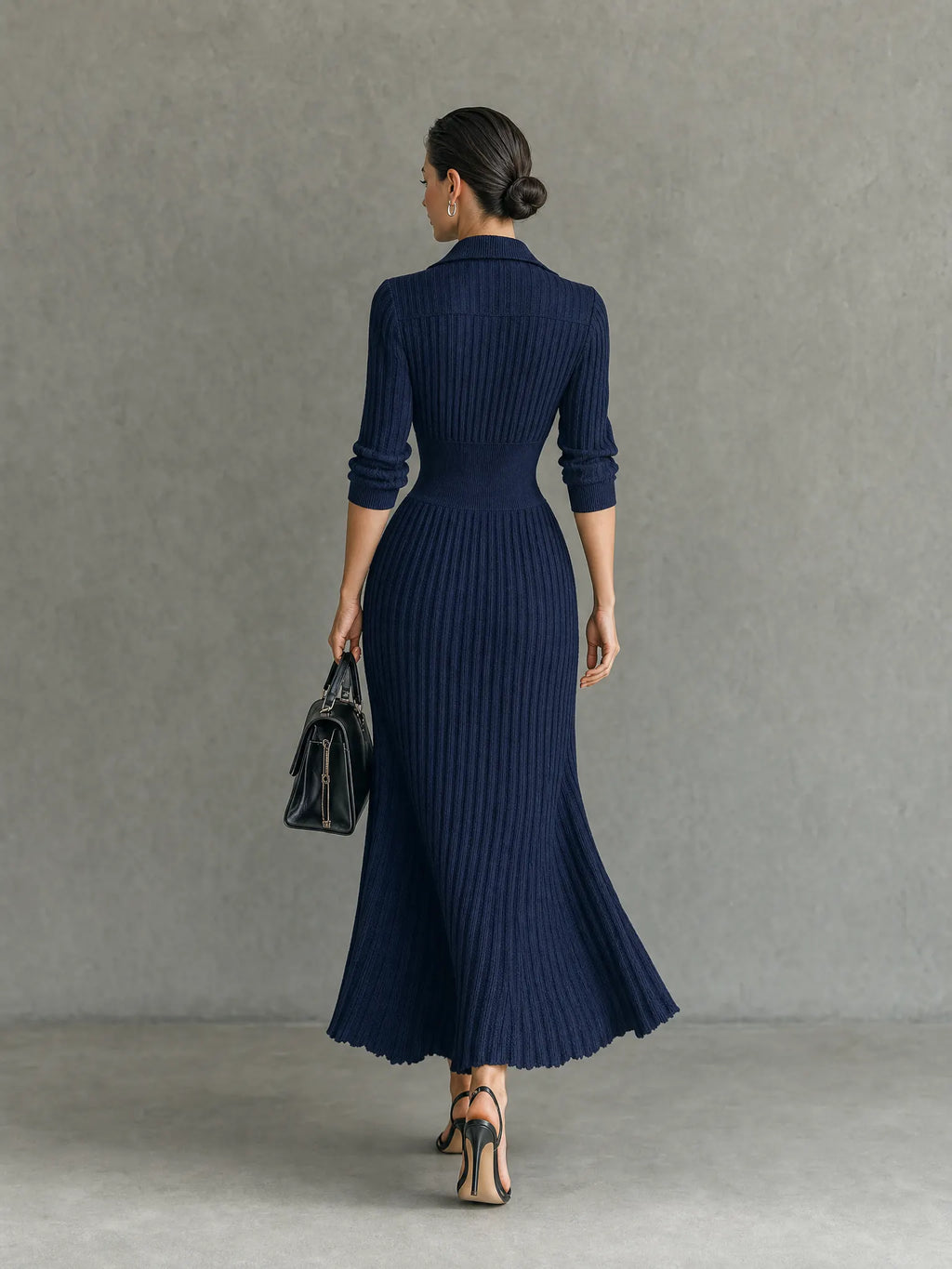Women's Elegant Button-Front Collared Pleated Knit Dress MDZ0607H5WY