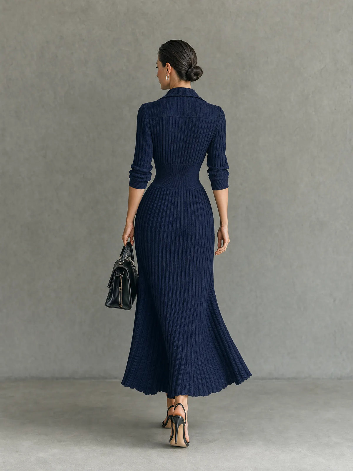 Women's Elegant Button-Front Collared Pleated Knit Dress MDZ0607H5WY