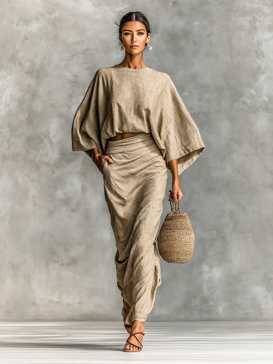 Women's Cotton And Linen Blend Bat Sleeve Long Skirt Two-piece Set MDA2288G4Y